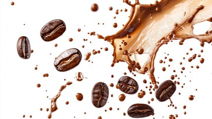 Coffee Splash with Beans on White Background