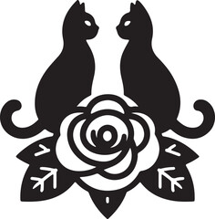 Silhouettes two cat sitting on top of roses and leaves vector art illustration