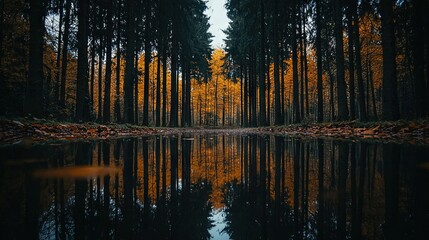   A forest brimming with numerous trees encircling a serene body of water