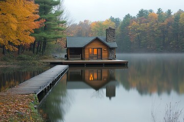 Fototapeta premium A wooden cabin with a stone chimney sits on a wooden dock over a still lake, surrounded by trees with autumn foliage and fog.