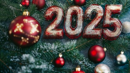 3D Font of text 2025 on New Year, Christmas ornament background
