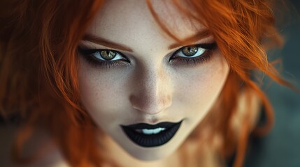 Fototapeta premium Striking portrait of a woman with fiery red hair and bold makeup