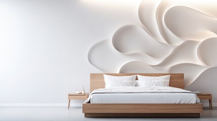 Modern bedroom featuring a stylish wooden bed and elegant wall design in a calming white color palette.
