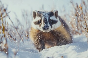 Obraz premium Raccoon walking in snowy field