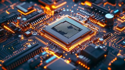 Obraz premium Microprocessor chipset central processor unit on the illumination circuit computer mainboard. Cyber and futuristic concept, hardware, AI, electronics and technology, with copy space.