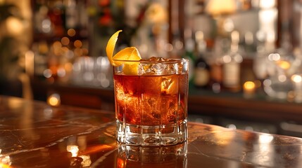A classic Sazerac cocktail served in an old-fashioned glass, with an absinthe rinse and a lemon twist garnish. The glass is set on a polished bar counter with a backdrop of New Orleans-inspired 