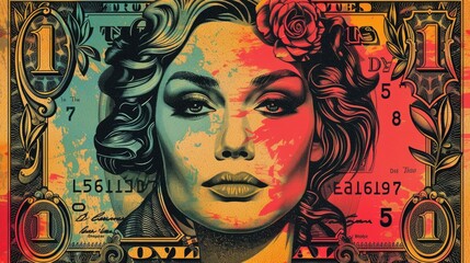 Obraz premium A woman's face is superimposed onto a US dollar bill, with colorful paint splatters. The image is a surreal and artistic representation of money and beauty.