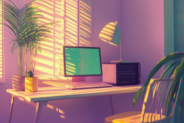A contemporary workspace featuring a computer, lamp, and potted plants on a desk, bathed in warm natural light with a colorful backdrop.