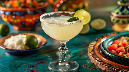 A classic Margarita served in a glass with a salt rim and a fresh lime wedge. The drink is placed on a bright, festive table with a backdrop of colorful Mexican décor, 