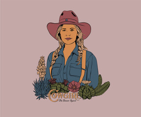 cowgirl in hat with cactus flower vector illustration, western country girl artwork for t shirt, graphic print, poster