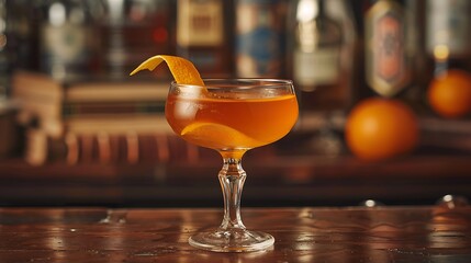 A classic Hanky Panky cocktail served in a coupe glass, with a bright orange twist garnish. The glass is placed on a polished bar with a backdrop of vintage cocktail books and tools, 