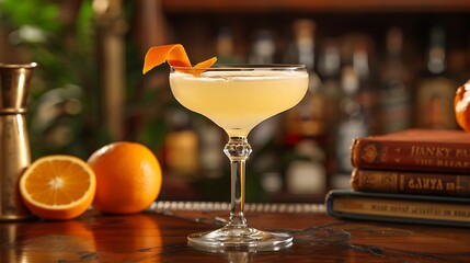 A classic Hanky Panky cocktail served in a coupe glass, with a bright orange twist garnish. The glass is placed on a polished bar with a backdrop of vintage cocktail books and tools, 