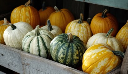 A collection of various pumpkins displayed in a rustic wooden crate during the autumn harvest season