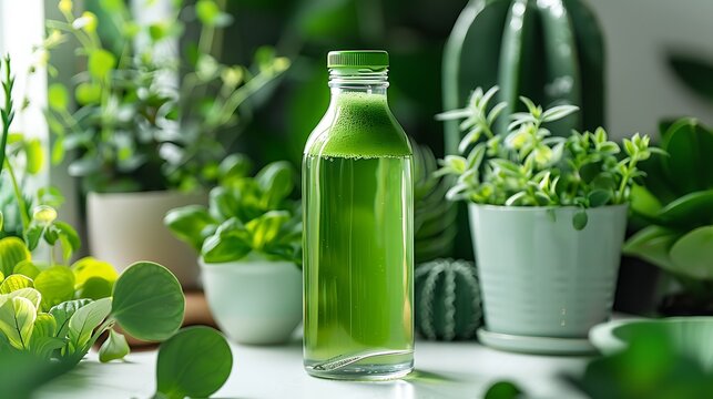 Vibrant green chlorophyll water served in a clear bottle, the bright green liquid glowing in the light. The bottle is set on a white countertop with a backdrop of fresh, green plants, 