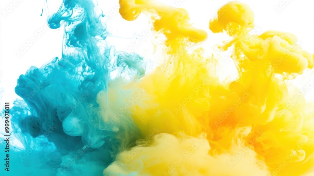 Poster vivid blue and yellow ink collide in water, creating a stunning visual effect as they swirl and merg