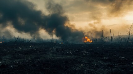 Obraz premium A desolate battlefield post-conflict, with lingering smoke curling into the air, embodying the eerie silence of victory or defeat amidst scattered debris and remnants of war
