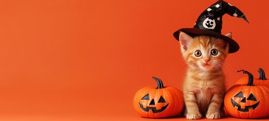 Fototapeta premium Adorable orange kitten wearing a witch hat near carved pumpkins against a vibrant orange backdrop during Halloween festivities
