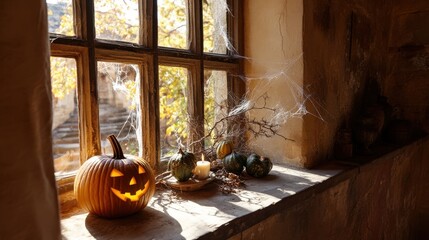 A carved pumpkin glowing on a windowsill surrounded by autumn decorations in a rustic room with sunlight filtering through