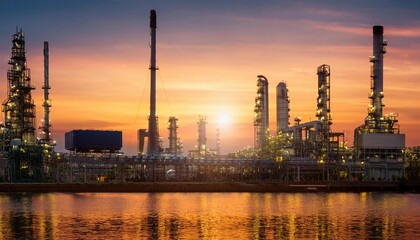 Naklejka premium Refinery Oil and Gas Power Energy Industrial, Oil Refinery And Petrochemical Plant Pipeline Steel, Refinery Factory Oil Storage Tank And Pipeline Steel with sunset background 
