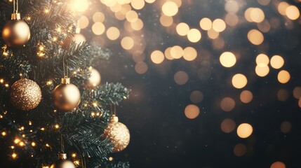 The beautifully decorated Christmas tree, embellished with golden ornaments, radiates warmth and holiday spirit in a cozy atmosphere