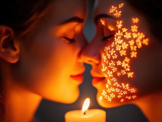 Two women share a tender moment, illuminated by candlelight, with floral patterns glowing softly on their skin.