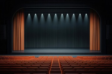 An empty theater stage with curtains drawn, ready for a performance. Ideal for showcasing drama or artistic presentations.