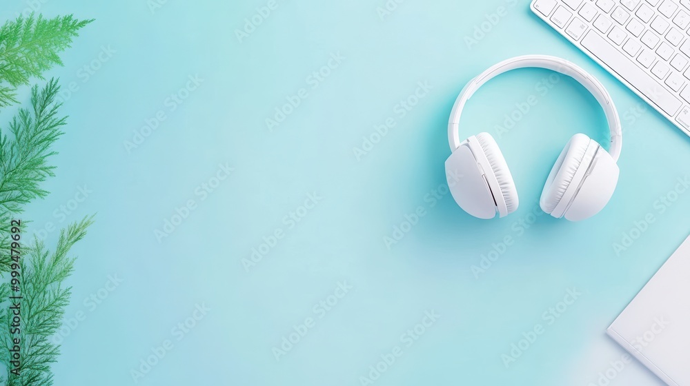 Poster a minimalist workspace featuring a wireless mouse, keyboard, and headphones, demonstrating the moder