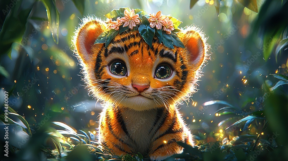 Wall mural   A tiger cub wearing a flower crown, among leaves and flowers in a painting