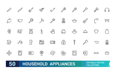 Household appliances icons set. Related to refrigerator, dishwasher, cooker, washing machine, gas stove, kitchen hood and more, Editable stroke.