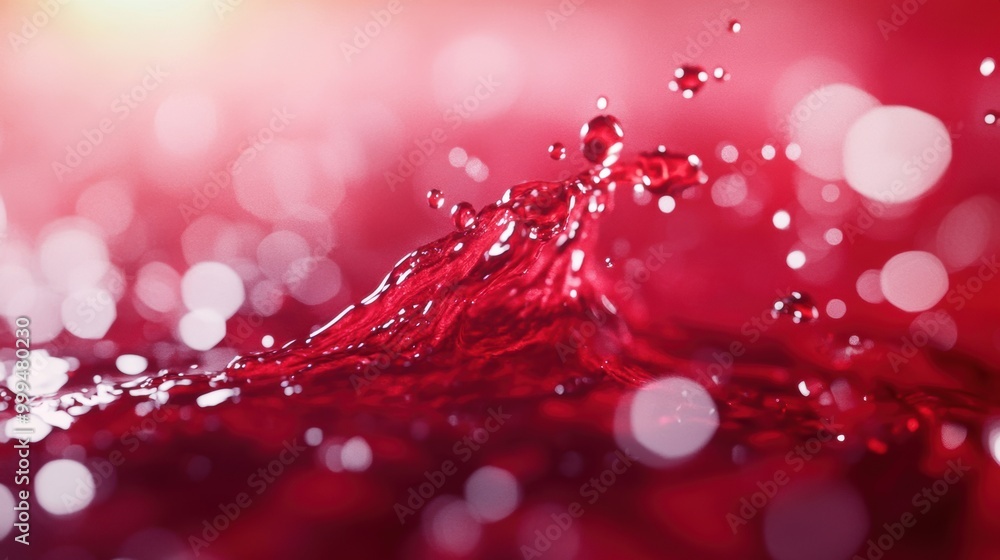 Poster a dynamic splash of red wine forms intriguing shapes against a vivid red backdrop, capturing the ess