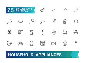 Household appliances icons set. Related to refrigerator, dishwasher, cooker, washing machine, gas stove, kitchen hood and more, Editable stroke.