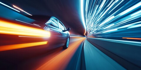 car headlights streaming through a tunnel, with blurred light trails emphasizing speed and motion