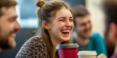 Fototapeta premium A close-up reveals coworkers laughing during a coffee break, highlighting shared camaraderie and positive workplace relationships