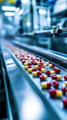 Automated Pharmaceutical Production Line with Red and Yellow Capsules in a Modern Factory Setting