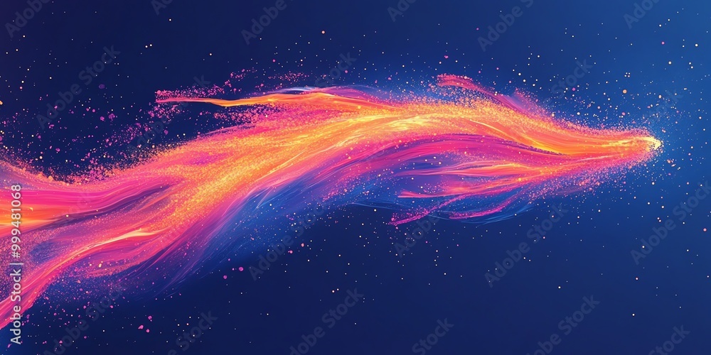 Poster abstract colorful wavy lines with glowing particles on a dark blue background.