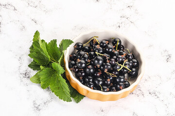 Juicy black currant berries in the bowl