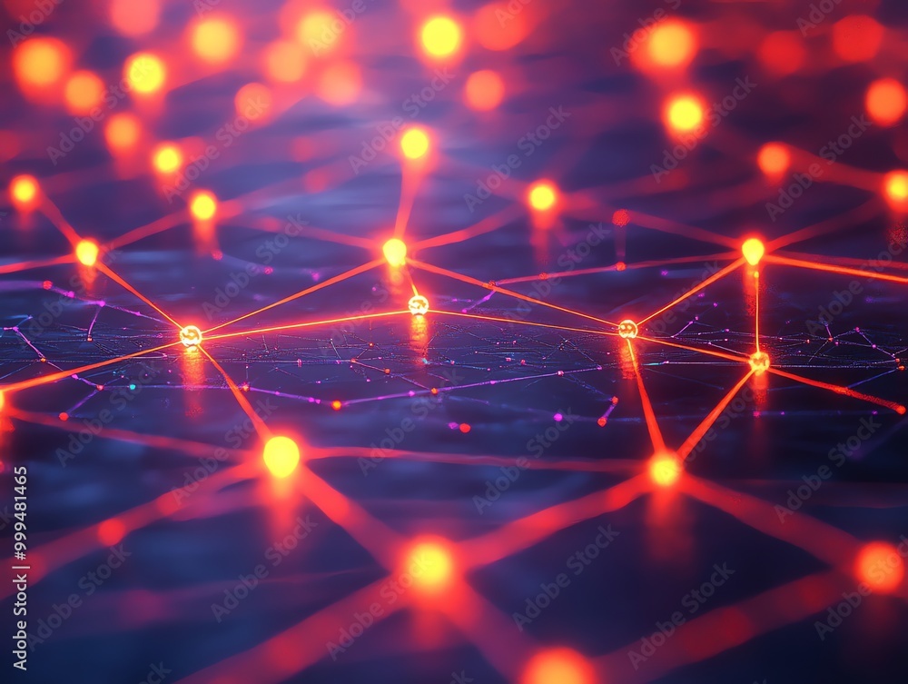 Poster Abstract glowing network of red lines and nodes on a blue background.