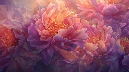   A close-up of a bouquet featuring pink and purple blooms in the foreground, with a pink and orange centerpiece at its core
