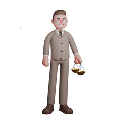 3D Professional Male Lawyer Character. A male lawyer is seen standing while his left hand is carrying a legal scale.  Judicial