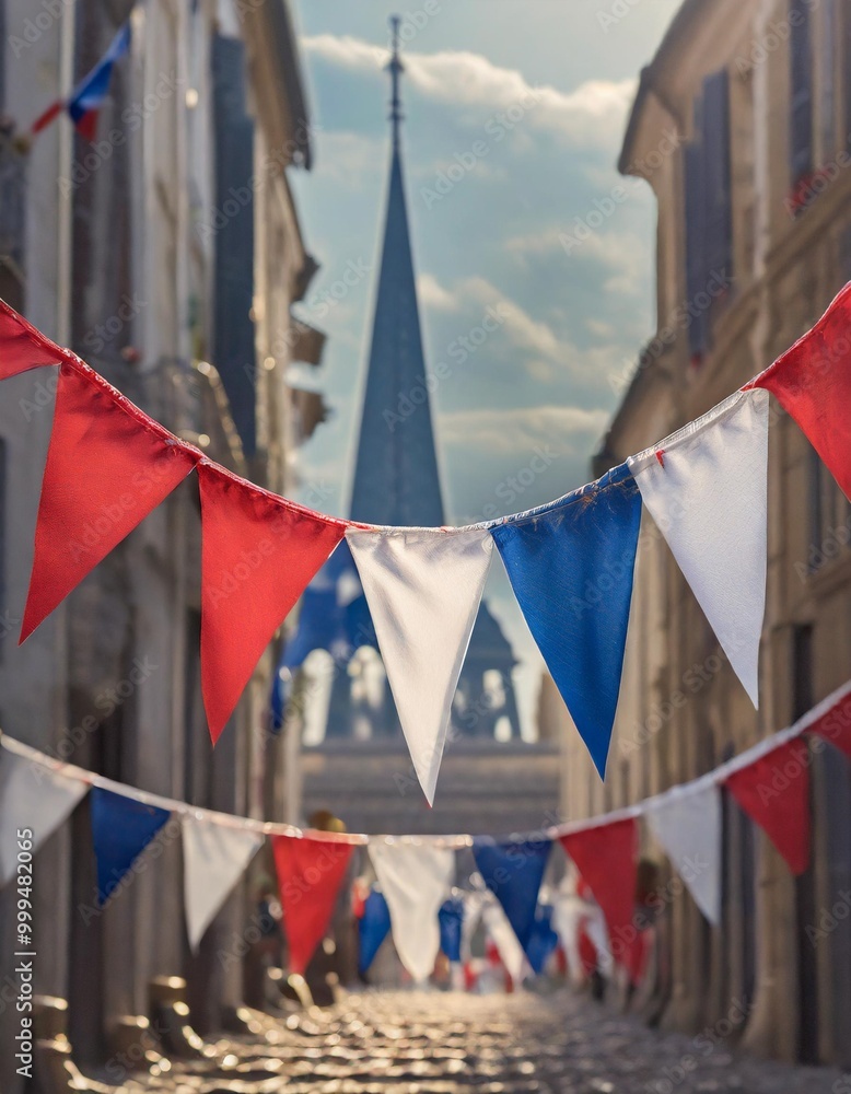 Wall mural Isolated Bastille Day decoration with depth of field showcasing red, white, and blue bunting