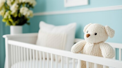 Cozy nursery with a knitted bear on a crib against a light blue wall.