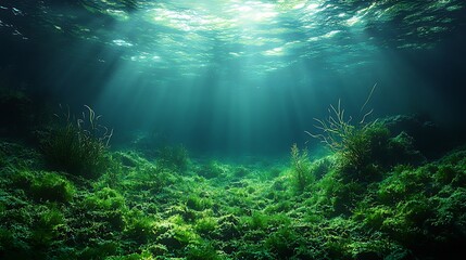 Obraz premium Underwater scene with sunbeams shining through the water, illuminating a bed of green seaweed on the ocean floor.