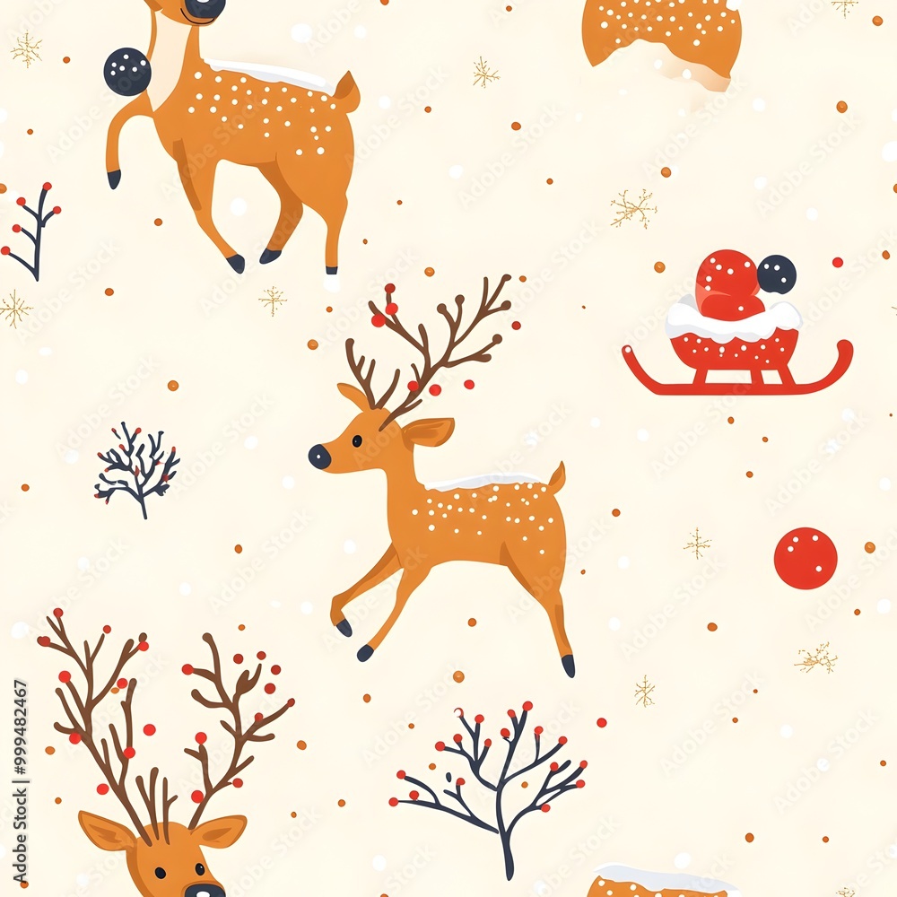 Poster seamless pattern of playful reindeer sledding and snowball fighting in minimal festive winter