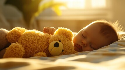 Sleeping baby cuddles with a soft teddy bear in warm, cozy sunlight.