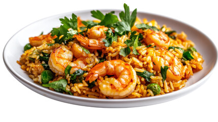 Fototapeta premium Shrimp fried rice with fresh herbs on a white plate, vibrant colors and textures.