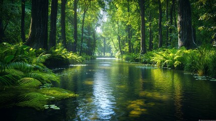 Serene Forest with Calm Water Reflection