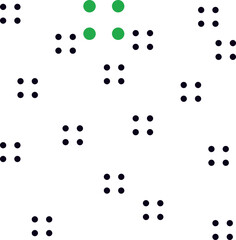 Groups of four dots are scattered randomly across the canvas. The largest green circles stand out among all the objects.