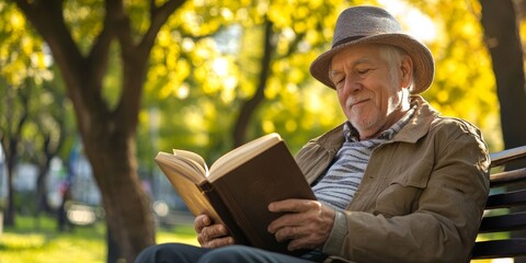 A senior reads a novel on a park bench, with a close-up on the book and a relaxed expression, as a bright outdoor setting highlights tranquility in leisure activities