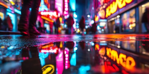 neon signs reflecting in a puddle on a busy street at night, with blurred pedestrians passing by