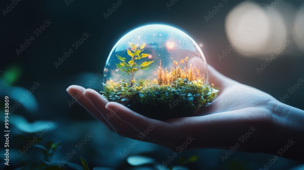 Aufkleber a close up of a person hand holding a device that projects a holographic image of a surreal, futuris